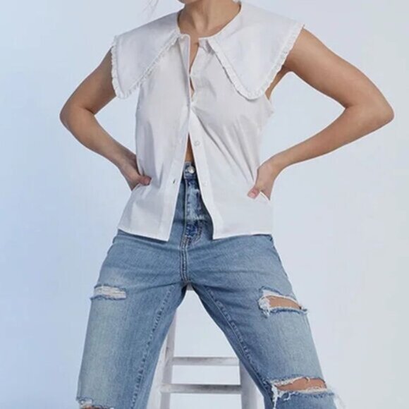 WeWoreWhat Ruffle Collar Cotton Poplin Button-Up - NWT, Optic White, XS - Picture 1 of 15
